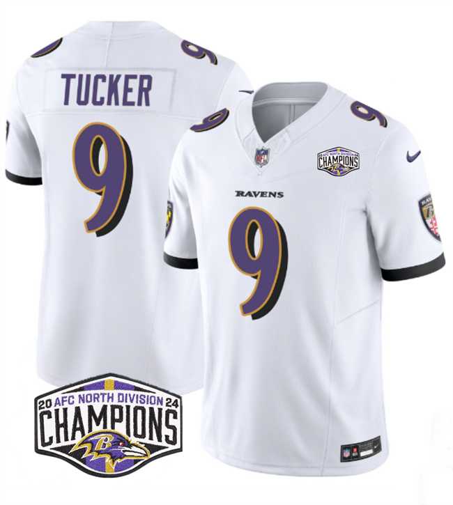 Mens Baltimore Ravens #9 Justin Tucker White F.U.S.E 2024 AFC North Division Champions Vapor Limited Jersey